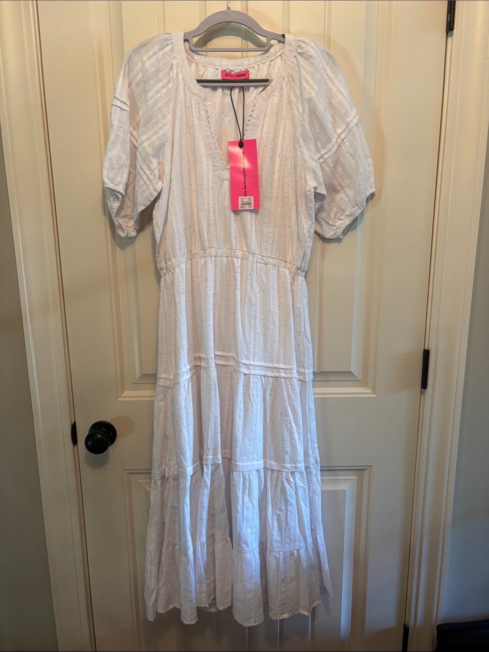 Betsy Johnson M White Eyelet Tiered Maxi Dress -  Casual V-Neck